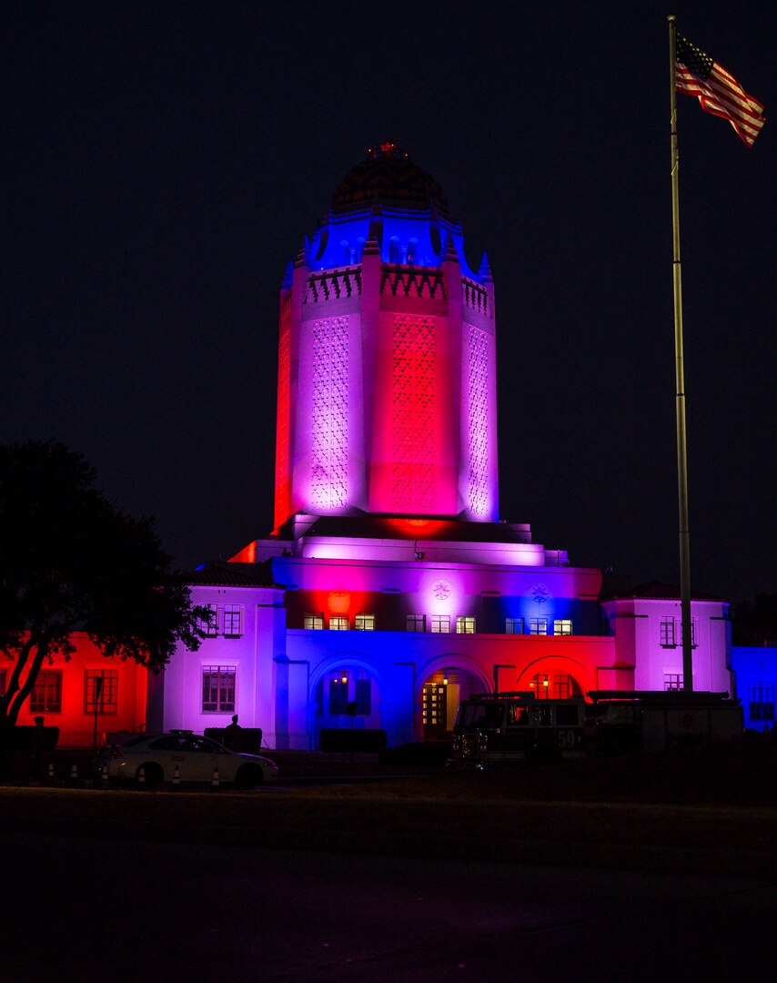 The Taj Mahal is lit red, white and blue during a 9/11 remembrance ceremony Sept. 11 at Joint Base San Antonio-Randolph. The event honored those who lost their lives in New York City, Washington D.C. and Pennsylvania during terrorist attacks 18 years ago.