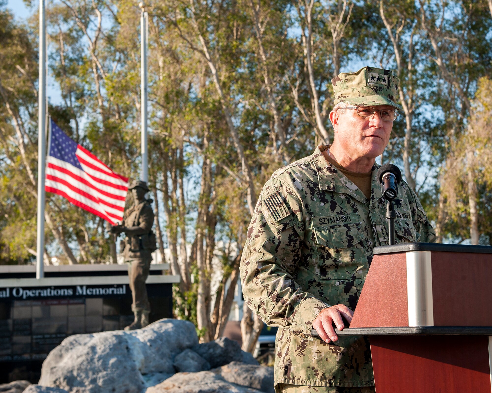 U.S. Navy Vice Adm.Tim Szymanski, U.S. Special Operations Command deputy commander, delivers a speech at MacDill Air Force Base, Fla., Sept. 11, 2019.