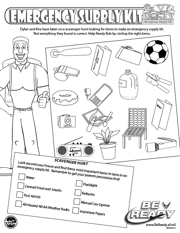 Emergency Supply Kit Activity Sheet For Coloring
