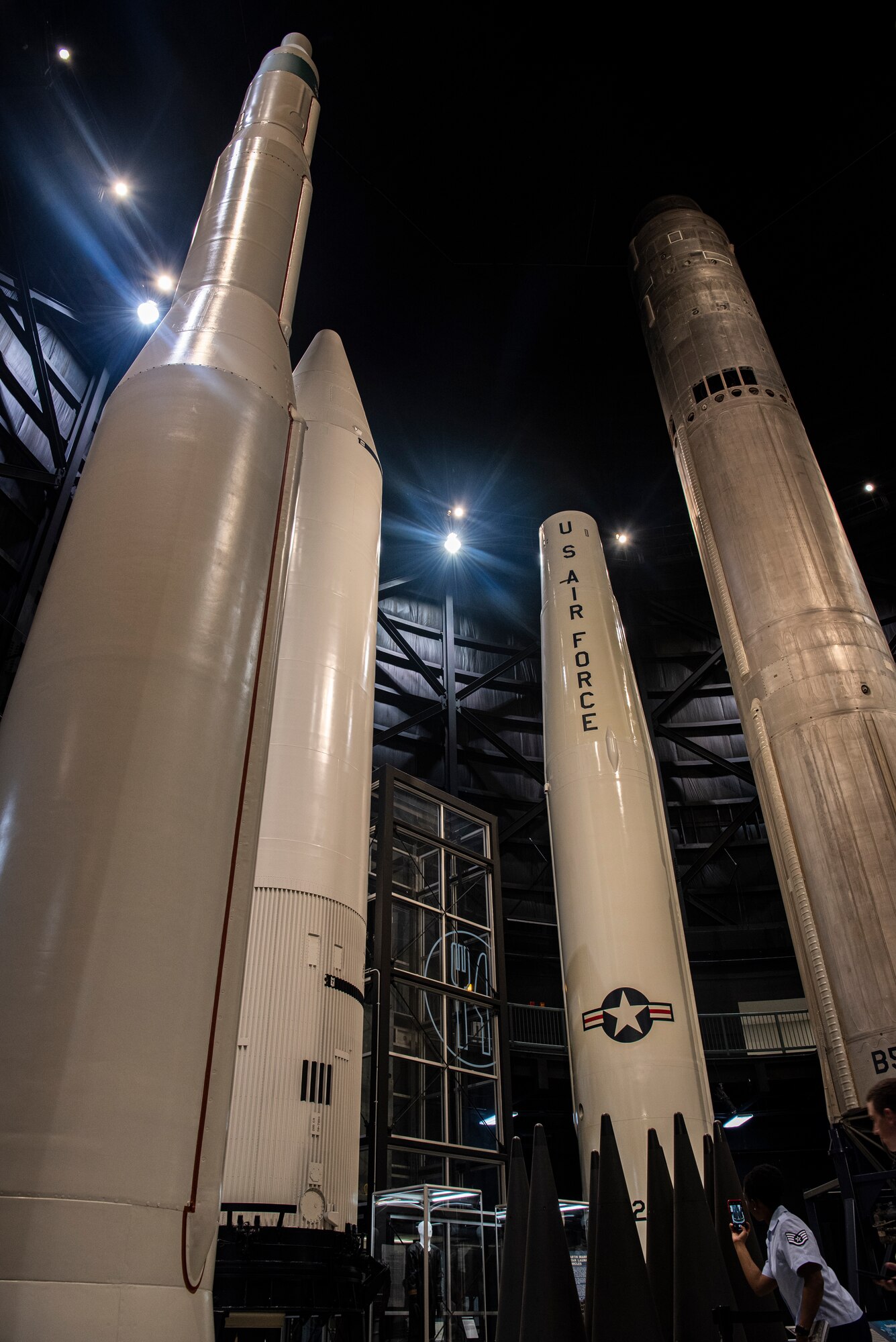 ICBM missiles sit on display at The National Museum of the U.S. Air Force Sept. 4, 2019, at Wright-Patterson Air Force Base, Ohio. Airmen from F.E. Warren Air Force Base, Wyo., visited the museum to learn more about the heritage behind the ICBM mission. (U.S. Air Force photo by Senior Airmen Abbigayle Williams)