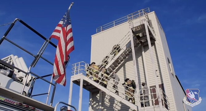 Firefighters from the 507th Civil Engineer Squadron participate in a fire climb Sept. 8, 2019, at Tinker Air Force Base, Oklahoma. (U.S. Air Force photo by Senior Airman Mary Begy)