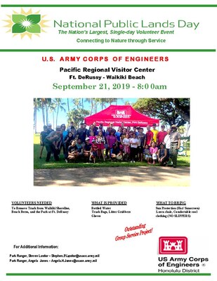The Honolulu District U.S. Army Corps of Engineers (USACE) Pacific Regional Visitor Center (RVC) at Battery Randolph on Fort DeRussy invites the public to join Army Corps volunteers for their annual National Public Lands Day beach cleanup Sept. 21, 2019.