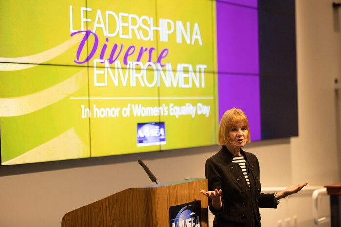 RADM (ret.) Kathleen Paige speaks during Naval Surface Warfare Center, Port Hueneme Division's Leadership in a Diverse Environment event, Aug. 29.