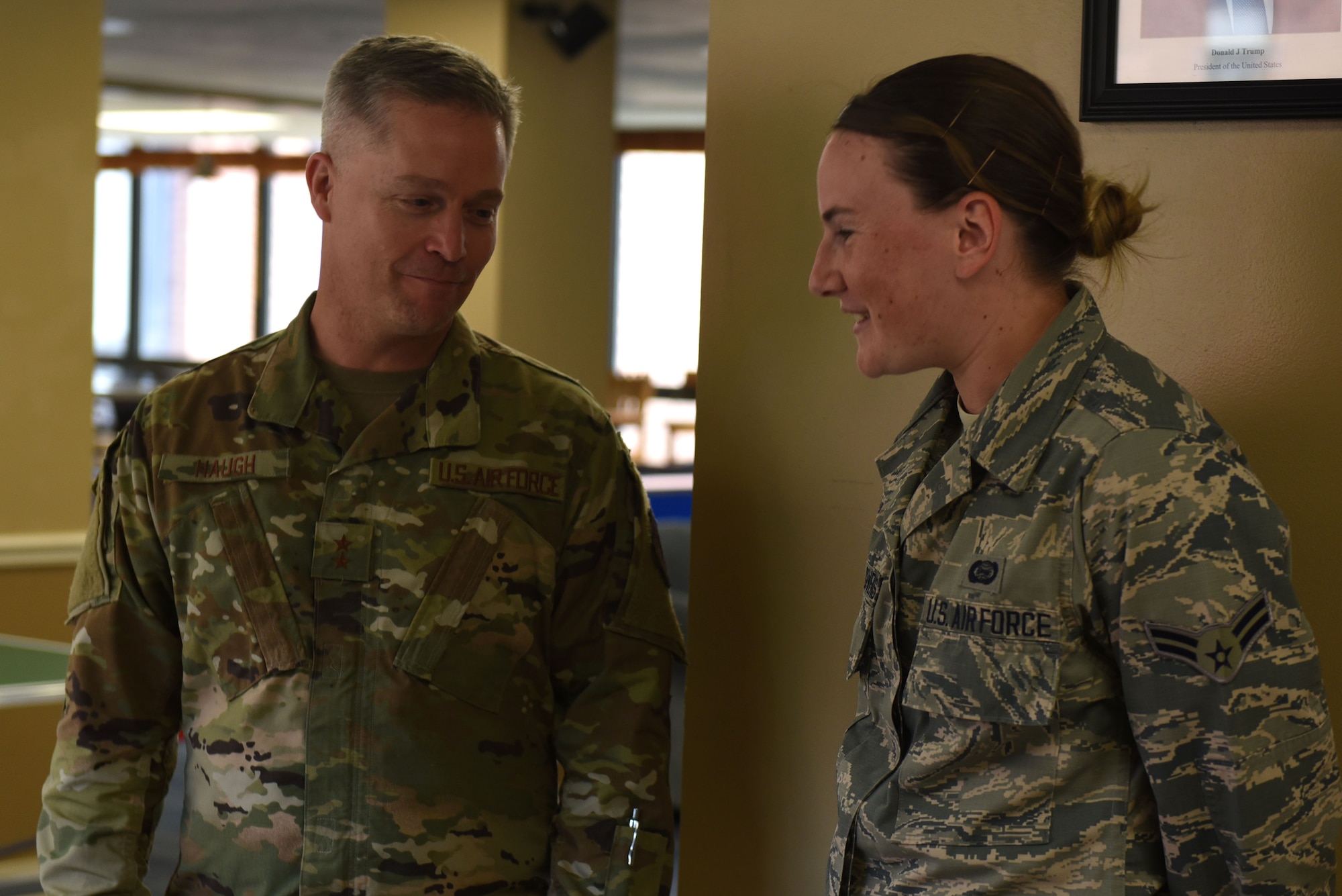 U.S. Air Force Maj. Gen. Timothy Haugh, Twenty-Fifth Air Force commander, speaks with Airman 1st Class Kylie, 32nd Intelligence Squadron, about dormitory conditions and quality of life for 70th Intelligence, Surveillance and Reconnaissance Wing Airmen at Fort George G. Meade, Maryland, Sept. 9, 2019. Haugh recently took command of Twenty-Fifth Air Force, and is visiting various wings during a unit familiarization and wellness tour. (U.S. Air Force photo by Senior Airman Gerald R. Willis)