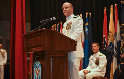 190912-N-CN315-1184 YOKOSUKA, Japan (September 12, 2019) Vice Adm. Bill Merz delivers remarks to the audience during the change of command ceremony for Commander, U.S. Seventh Fleet at the Fleet Theater on board Yokosuka Naval Base. Vice Adm. William R. Merz assumed command of the 7th Fleet from Vice Adm. Phil G. Sawyer during the ceremony.