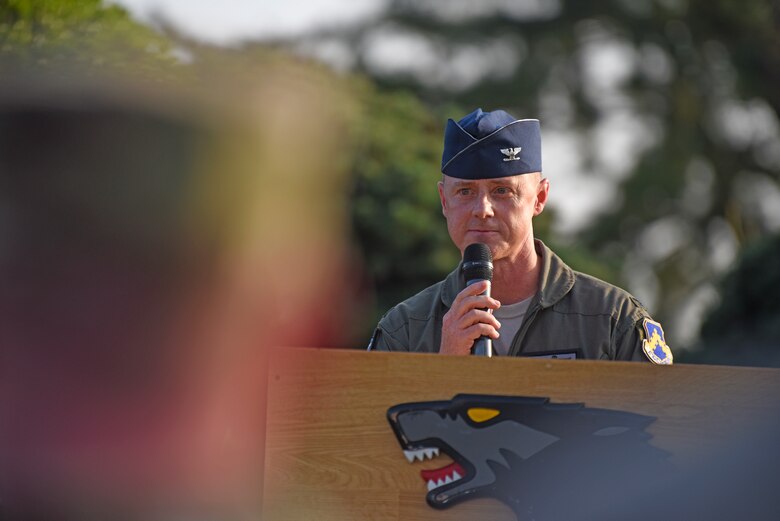 U.S. Air Force Col. Tad Clark, 8th Fighter Wing commander, speaks during the September 11 Remembrance ceremony at Kunsan Air Base, Republic of Korea, Sept. 11, 2019. The ceremony was held in remembrance of the 2,977 people who lost their lives on Sept. 11, 2001, in New York City, Washington, D.C., and outside Shanksville, Pennsylvania. (U.S. Air Force photo by Staff Sgt. Mackenzie Mendez)