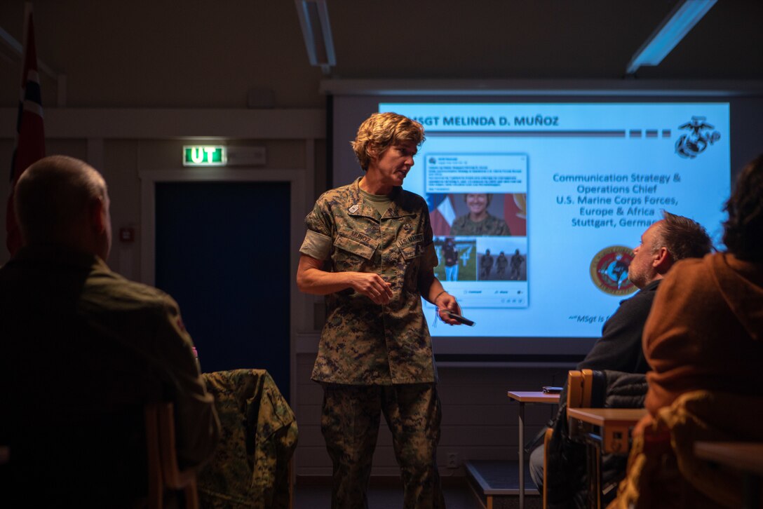 Master Sgt. Melinda D. Muñoz, Marine Forces Europe and Africa communication strategy and operations chief, speaks to Norwegian veterans at a Norwegian Veterans Association for International Operations event at Setnesmoen in Møre og Romsdal, Norway, Sept. 6, 2019