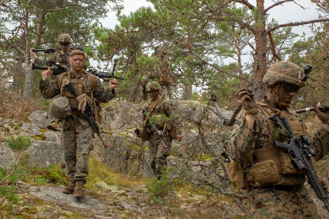 U.S. Marines with 1st Battalion, 8th Marines, Marine Rotational Force–Europe 19.2, Marine Forces Europe and Africa, move to an extraction point after conducting an amphibious assault raid as part of Exercise Archipelago Endeavor 19 in the Archipelago Islands, Sweden, Aug. 28, 2019.