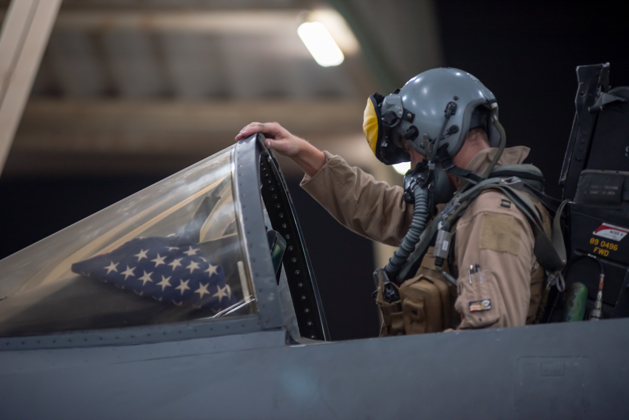 An F-15E Strike Eagle pilot, assigned to the 336th Expeditionary Fighter Squadron, completes his pre-flight checklist in the cockpit prior to takeoff Sept. 10, 2019, at Al Dhafra Air Base, United Arab Emirates. The F-15E conducted a Coalition and Iraqi Counter-Terrorism Service air strike in the Salah ad Din Province, Iraq, Sept. 10, in support of Iraqi ground force clearing operations.  (U.S. Air Force Photo by Staff Sgt. Chris Thornbury)