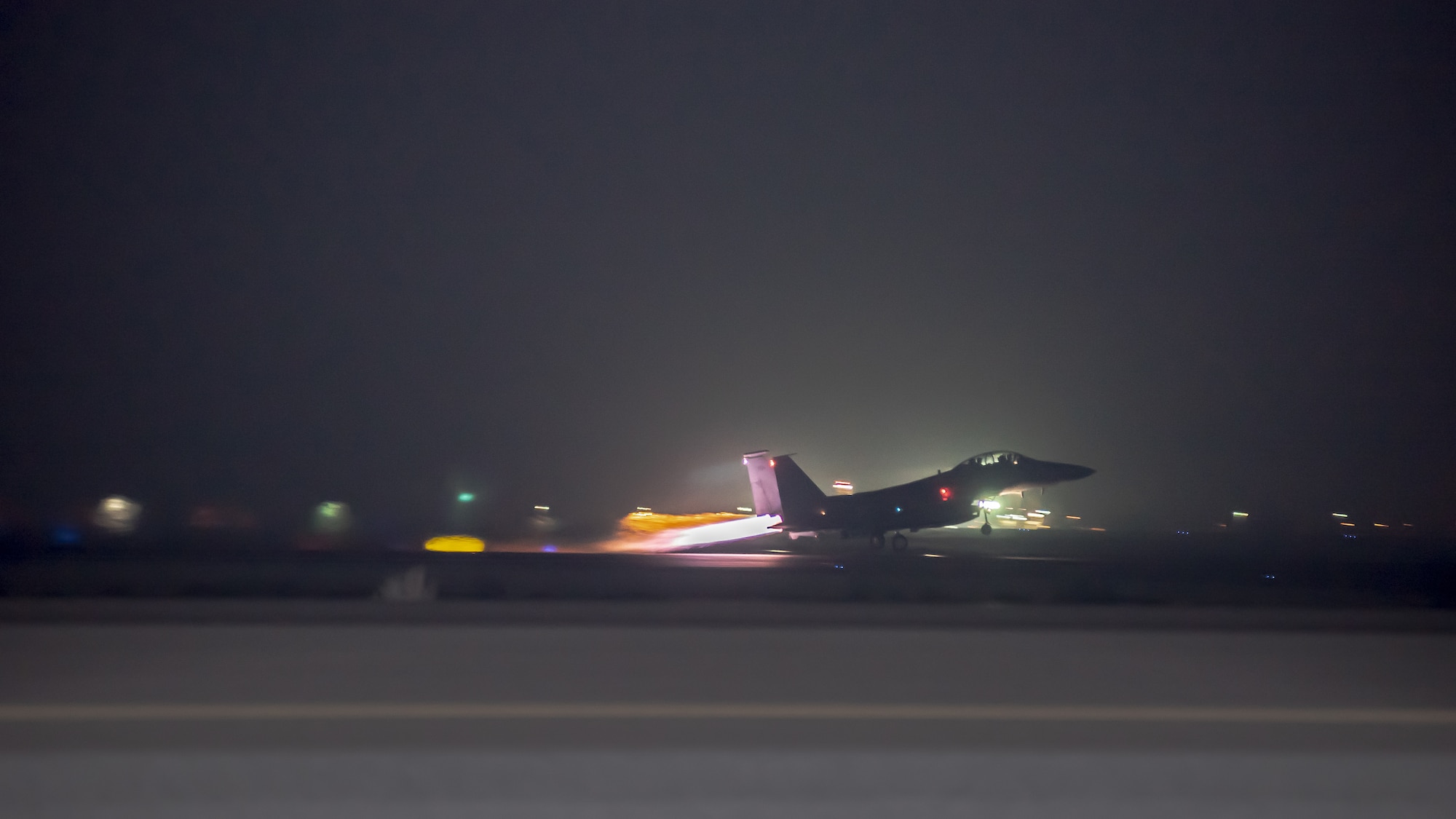 An F-15E Strike Eagle from the 336th Expeditionary Fighter Squadron, takes off from Al Dhafra Air Base, United Arab Emirates, Sept. 10, 2019. The F-15E conducted a Coalition and Iraqi Counter-Terrorism Service air strike in the Salah ad Din Province, Iraq, Sept. 10, in support of Iraqi ground force clearing operations.  (U.S. Air Force Photo by Staff Sgt. Chris Thornbury)