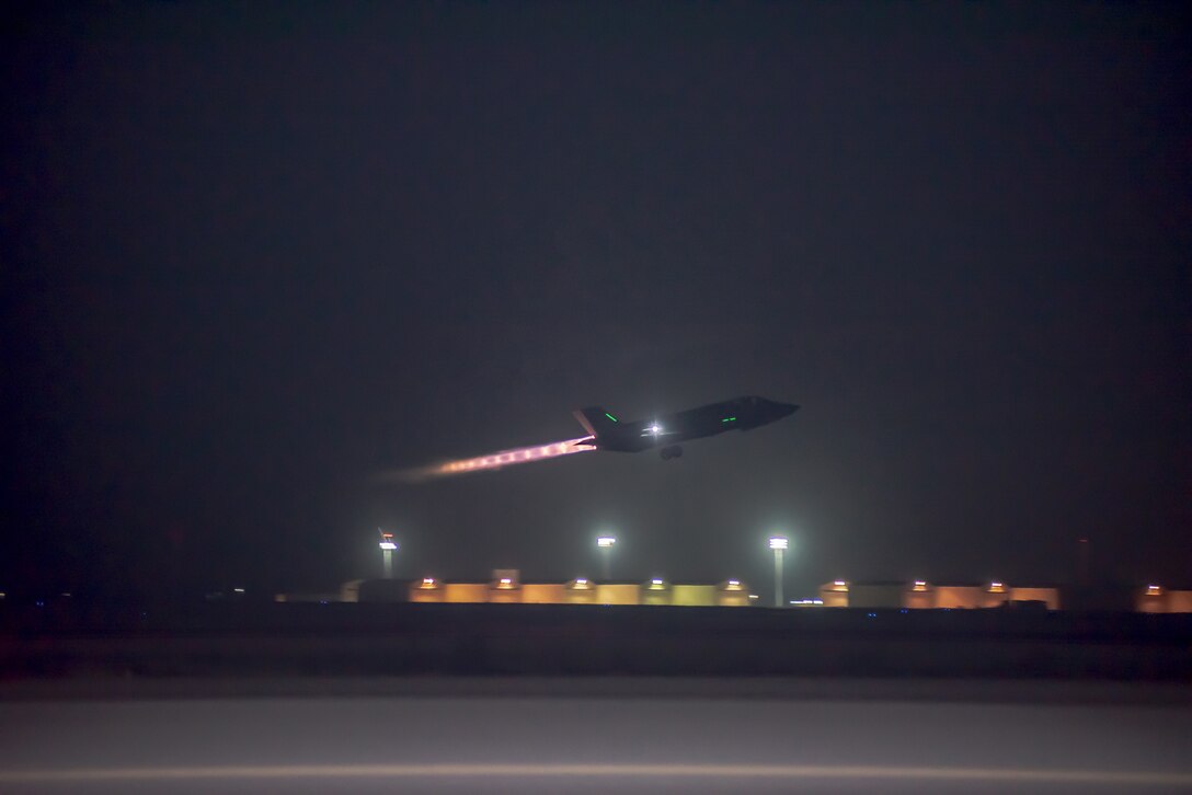 An F-35A Lightning II from the 4th Expeditionary Fighter Squadron, takes off from Al Dhafra Air Base, United Arab Emirates, Sept. 10, 2019. The F-35A conducted a Coalition and Iraqi Counter-Terrorism Service air strike in the Salah ad Din Province, Iraq, Sept. 10, in support of Iraqi ground force clearing operations.  (U.S. Air Force Photo by Staff Sgt. Chris Thornbury)