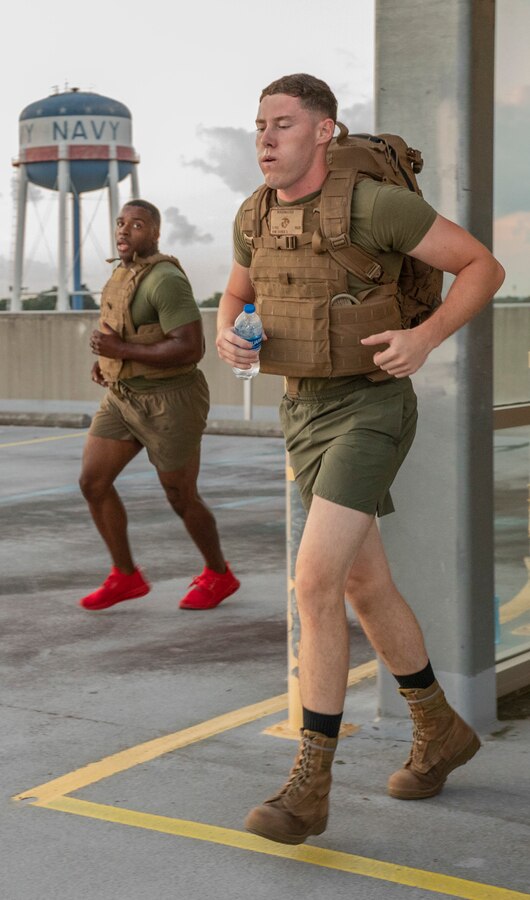 U.S. Marine Corps Sgt. Xavier S. Ham, a motor transport technician with Headquarters Battalion, Marine Forces Reserve, ascends a flight of stairs as part of a Total Force Fitness event at Marine Corps Support Facility New Orleans, Sept. 11, 2019. This was part of a MARFORRES Total Force Fitness event inspired by the 18th anniversary of 9/11 and the efforts of the first responders at the World Trade Center. The exercise consisted of Marines ascending and descending a five story stairwell 11 times, resulting in a total of 110 stories, which is equivalent to the height of the World Trade Center. (U.S. Marine Corps photo by Pfc. Leslie Alcaraz)