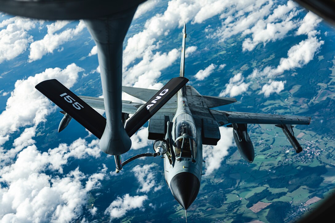 German air force PA-200 Tornado conducts aerial refueling from a U.S. Air Force KC-135 Stratotanker.