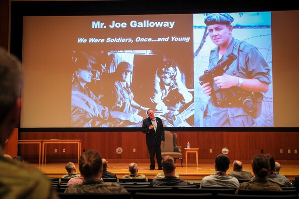 War correspondent and author Joseph Galloway speaks to the National Air and Space Intelligence Center Aug. 27 about the experiences described in his book “We Were Soldiers Once…and Young.” The book – which Galloway co-wrote alongside Lt. Gen. Harold Moore – tells the story of the Battle of the Ia Drang and went on to inspire the movie “We Were Soldiers.” (U.S. Air Force photo by Senior Airman Michael Hunsaker)