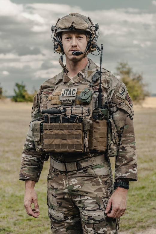 U.S. Air Force Tech. Sgt. Ryan Shipman, 2nd Expeditionary Air Support Operations Squadron battalion Tactical Air Control Party noncommissioned officer in charge, poses in the staging area during exercise Ample Strike 2019, near Náměšť Air Base, Czech Republic.