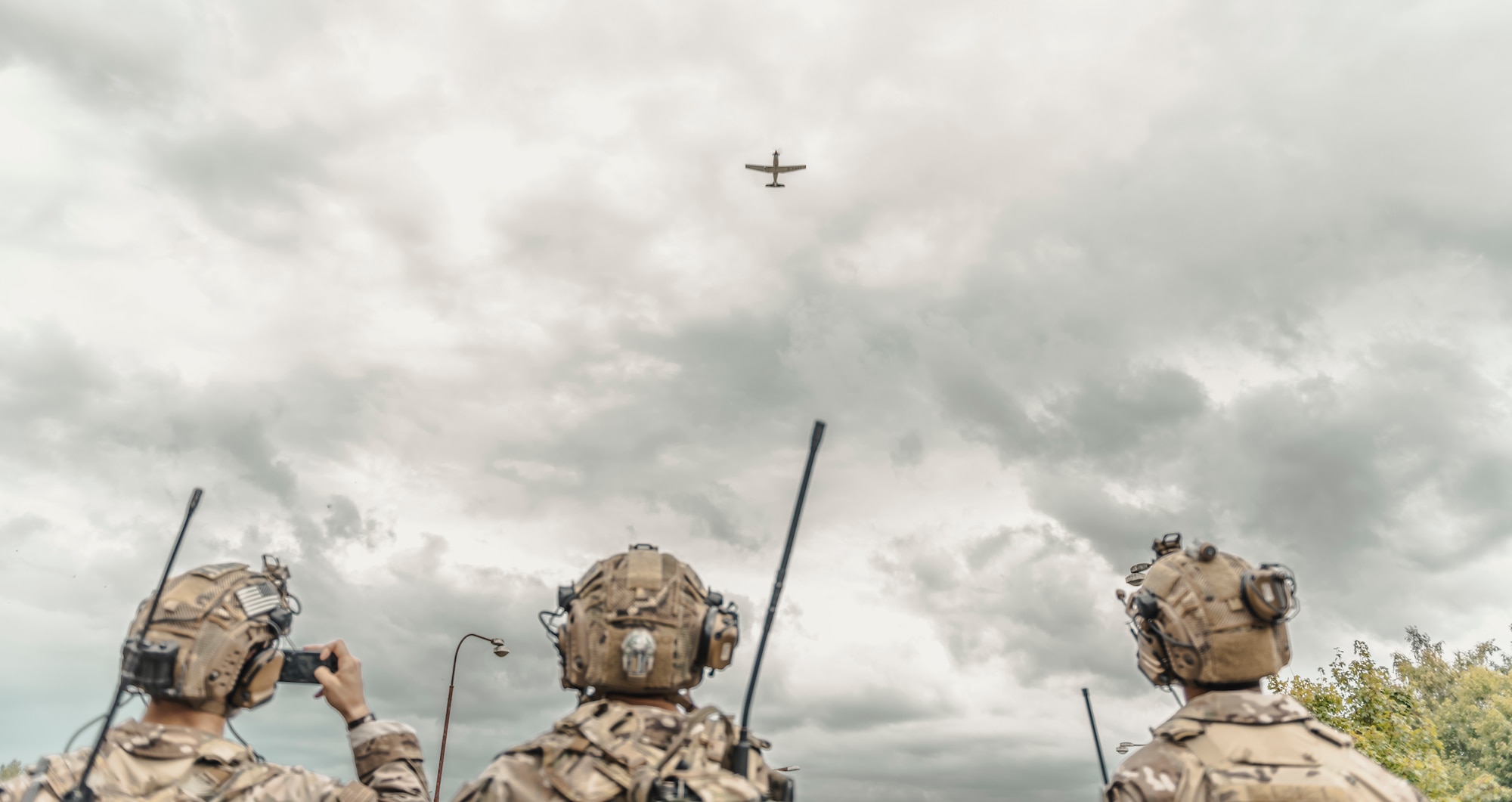 U.S. Air Force 2nd Expeditionary Air Support Operations Squadron battalion Tactical Air Control Party Airmen observe a show of force fly over during Ample Strike 2019.