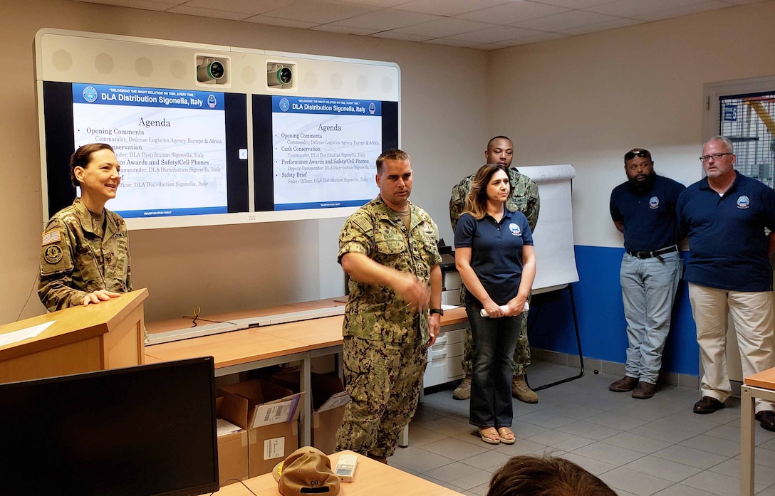 Navy Rear Adm. Stamatopoulos and Army Col. Krista Hoffman visit DLA Distribution 
Sigonella, Italy