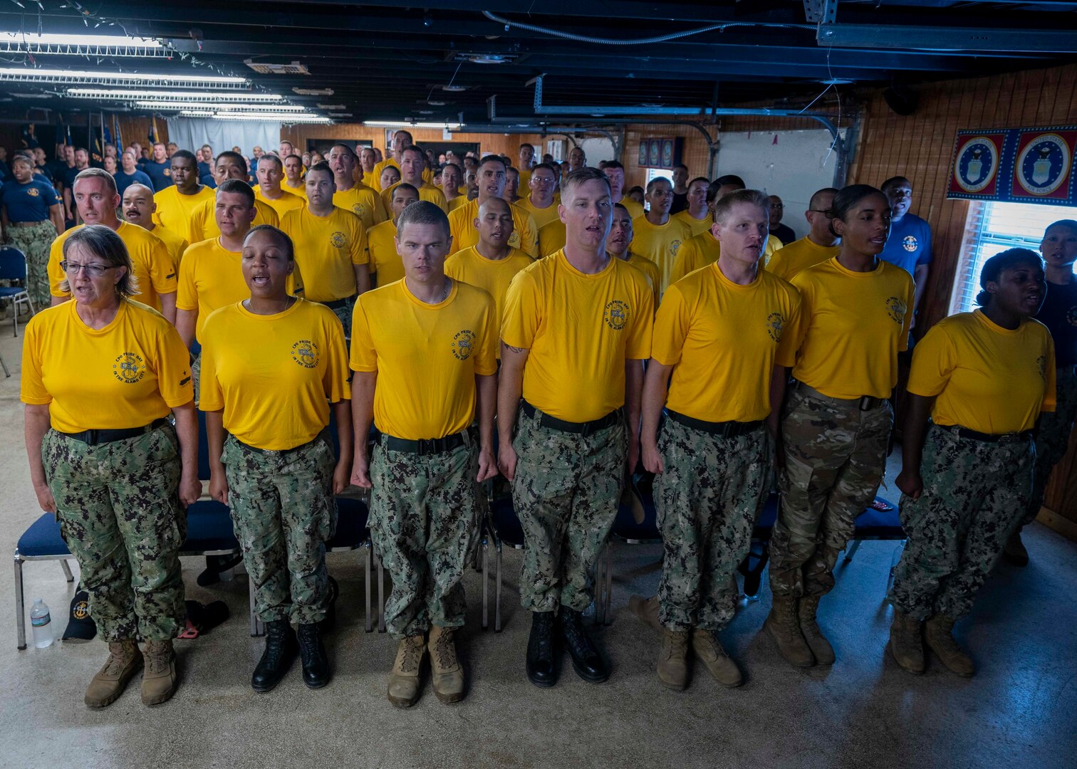 Fiscal year 2020 Chief Petty Officer selects from across Joint Base San Antonio recite the Sailor’s Creed during CPO Pride Day at the Veterans of Foreign Wars Post 76. San Antonio CPO Pride Day consisted of a speaking event with Honorary Master Chief Petty Officer Ima Black, wife of Retired Master Chief Petty Officer of the Navy Delbert Black, the first MCPON; military heritage events; marching and singing cadences; and interacting with active duty, retired and CPO veterans.