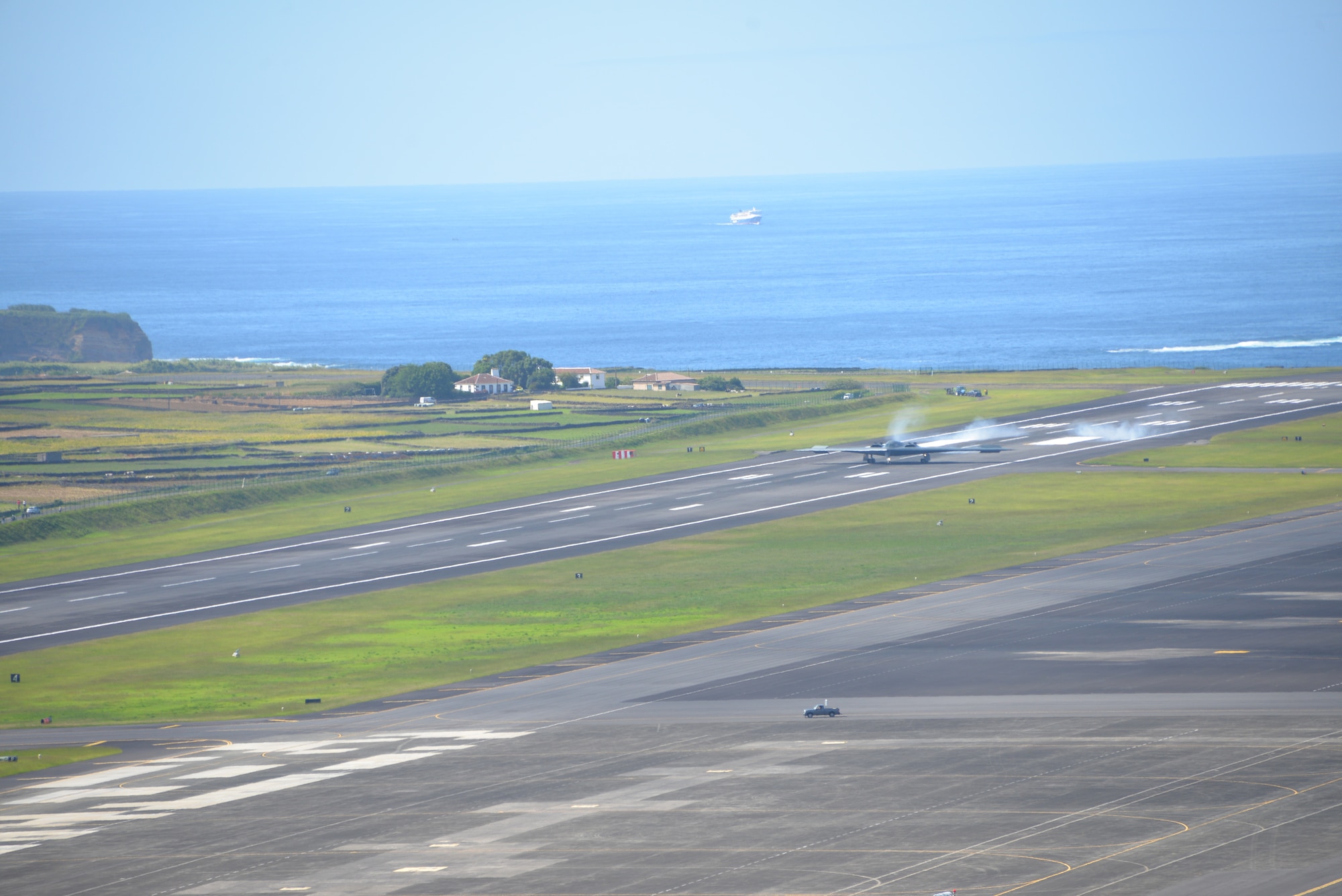 A B-2 Spirit lands at Portuguese Air Base #4, Lajes Field, Azores, Portugal. Our long standing NATO ally, provided hot-pit refueling to the B-2 aircraft and showcased the interoperability and readiness capability between the two allied nations.