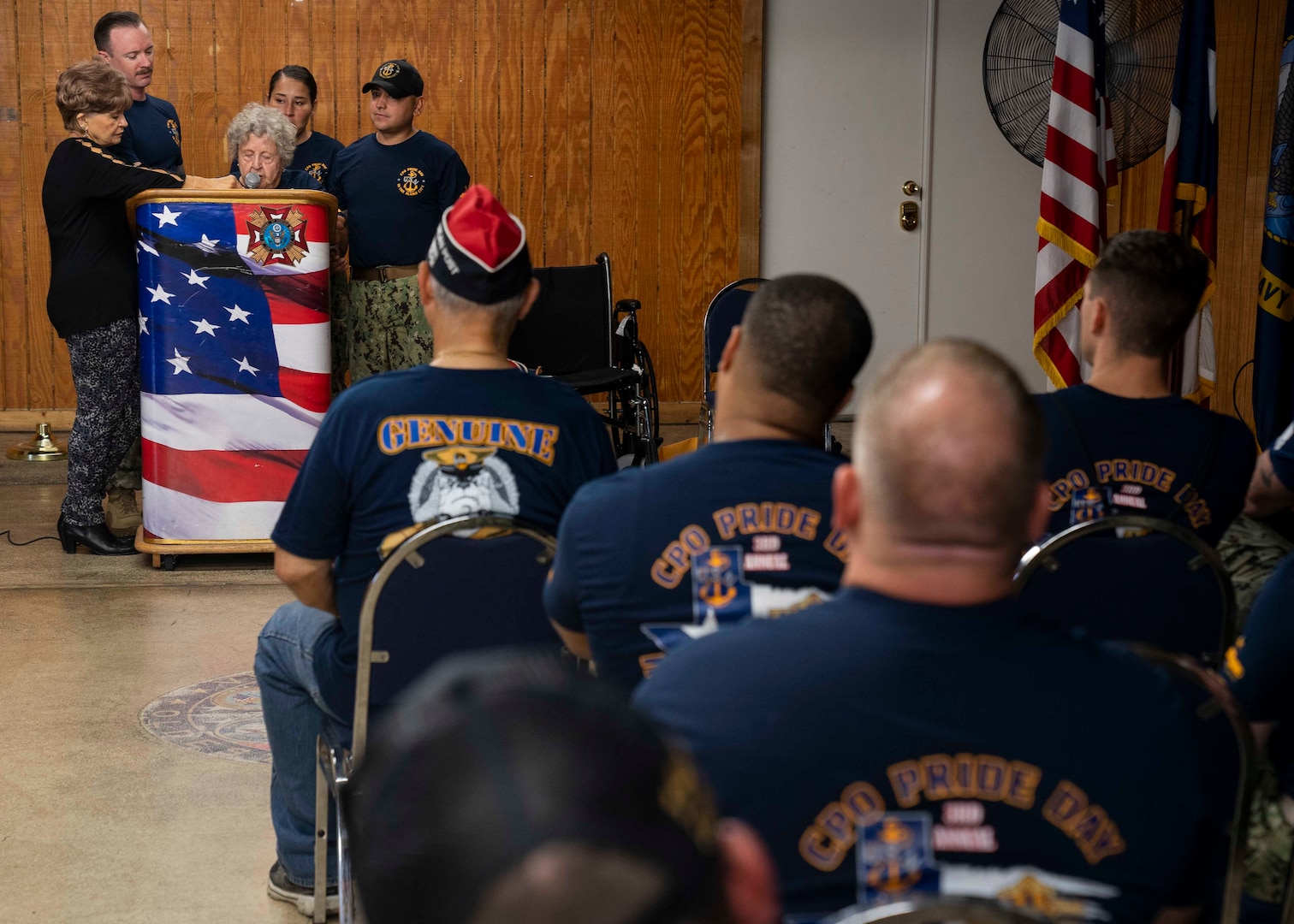 Honorary Master Chief Petty Officer Ima Black, wife of Retired Master Chief Petty Officer of the Navy Delbert Black, the first MCPON, speaks to fiscal year 2020 CPO selects, and active duty, retired and CPO veterans during CPO Pride Day at the Veterans of Foreign Wars Post 76. San Antonio CPO Pride Day consisted of a speaking event with Black; military heritage events; marching and singing cadences; and interacting with active duty, retired and CPO veterans.