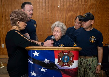 Honorary Master Chief Petty Officer Ima Black, wife of Retired Master Chief Petty Officer of the Navy Delbert Black, the first MCPON, speaks to fiscal year 2020 CPO selects, and active duty, retired and CPO veterans during CPO Pride Day at the Veterans of Foreign Wars Post 76. San Antonio CPO Pride Day consisted of a speaking event with Black; military heritage events; marching and singing cadences; and interacting with active duty, retired and CPO veterans.