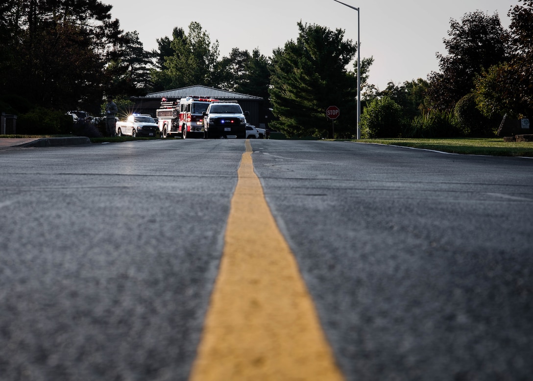 Members of the Youngstown Air Reserve Station fire department and 910th Security Forces Squadron drive emergency response trucks along Vandenberg Road on Sept. 11, 2019, here.