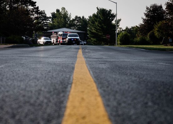 Members of the Youngstown Air Reserve Station fire department and 910th Security Forces Squadron drive emergency response trucks along Vandenberg Road on Sept. 11, 2019, here.