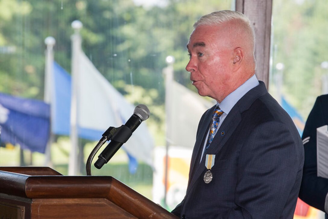 Air Force Vice Chief of Staff Gen. Stephen W. Wilson presides over a retirement ceremony in honor of Mike Thomas, the Joint Base Andrews golf course general manager, at JB Andrews, Md., July 12, 2019. (U.S. Air Force photo by Adrian Cadiz)
