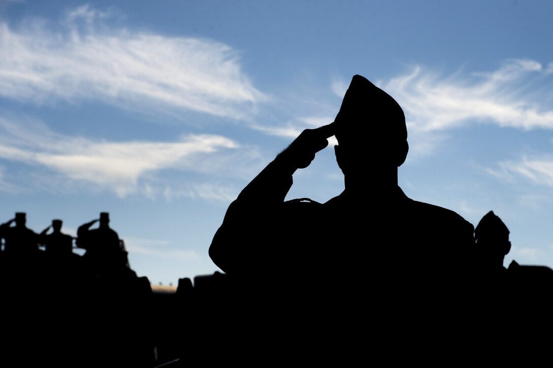 An airman shown in silhouette salutes against a bright blue sky, as other troops do the same in the distance.