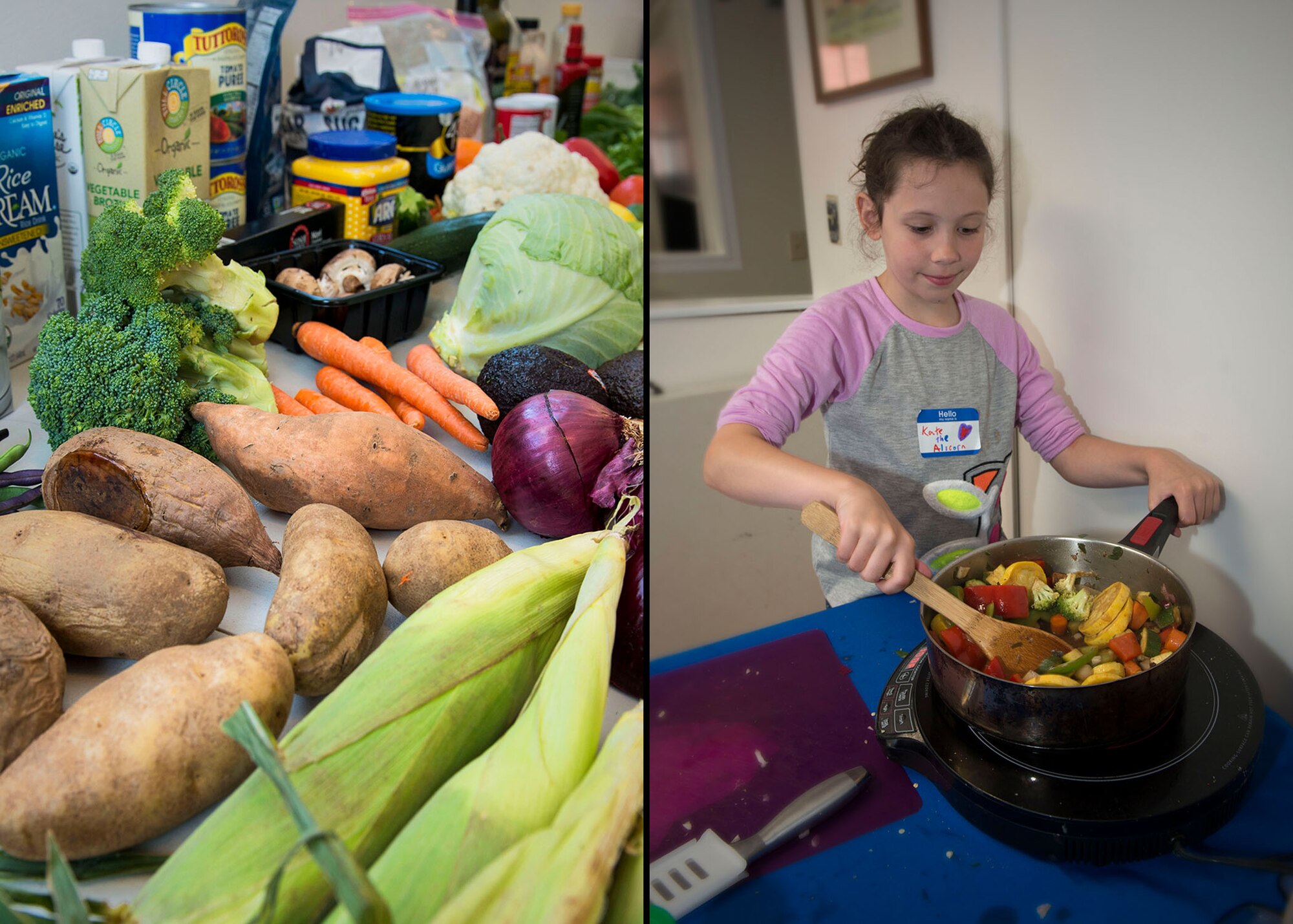 Pictured (left), vegetables used during the Jr. Chef Boot Camp cooking competition. Pictured (right) Jr. Chef Kate prepares vegetables. The Nourish My Soul slogan is “Planting Seeds and Stirring up Change One Community at a Time”. Jr. Chef Boot Camp supports the community by using locally-grown produce and through community outreach projects.
