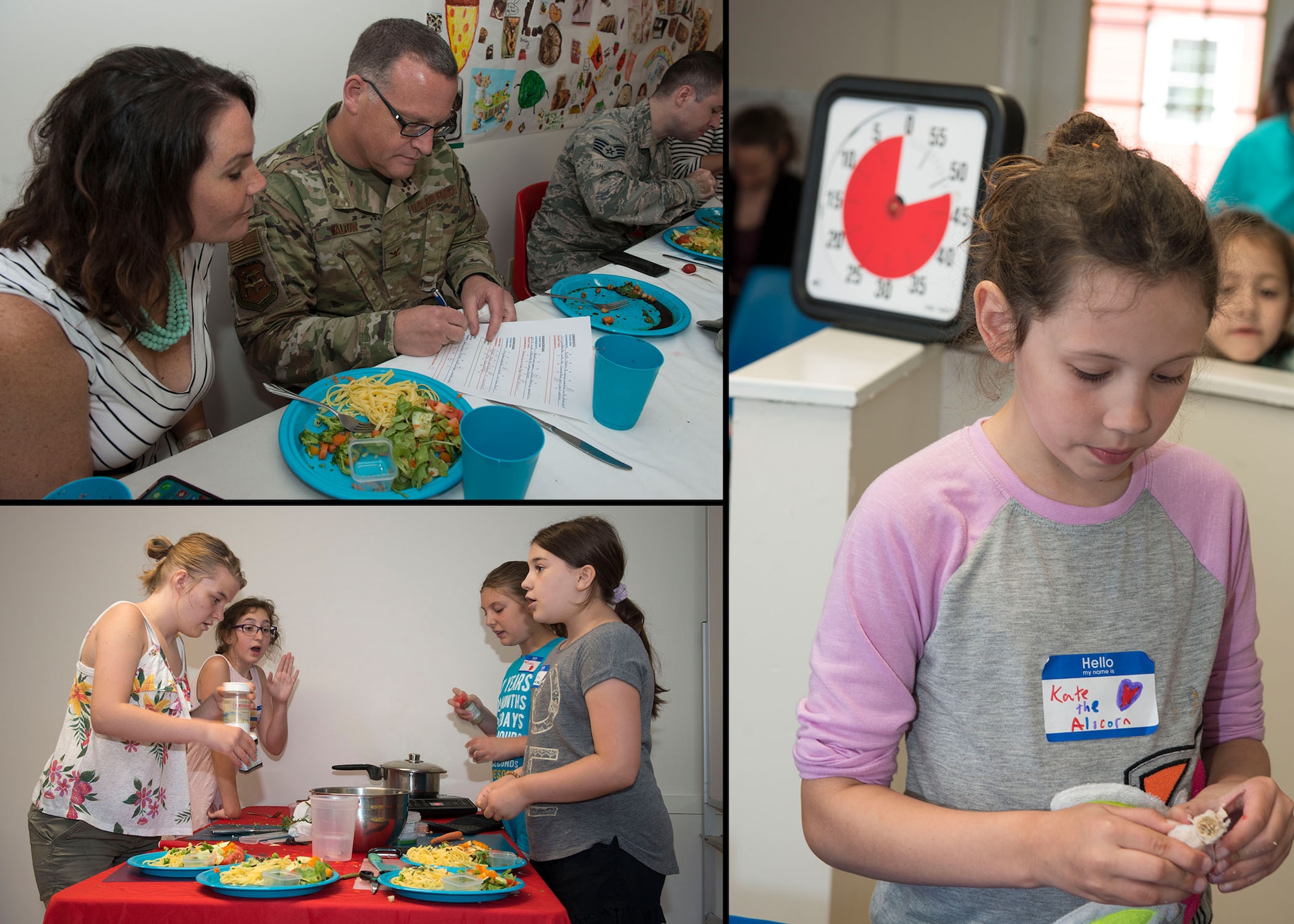 Pictured (top, left) Kasey Timberlake (left), 103rd Airman and Family Readiness Program Manager, and Col. Roy Walton (right), 103rd Vice Wing Commander, judge dishes prepared at the Jr. Chef Boot Camp cooking competition. Pictured (bottom, left) a team of Jr. Chefs collaborate to prepare a dish for the cooking competition. Pictured (right) Jr. The cooking competition is timed, so Chef Kate breaks apart a garlic clove as quickly as possible. At Jr. Chef Boot Camp, participants are encouraged to develop bonds with their peers and create fun memories. During the camp’s cooking competition, each Jr. Chef must utilize all of the cooking skills that they learned at boot camp and demonstrate teamwork skills by preparing a dish with other Jr. Chefs.