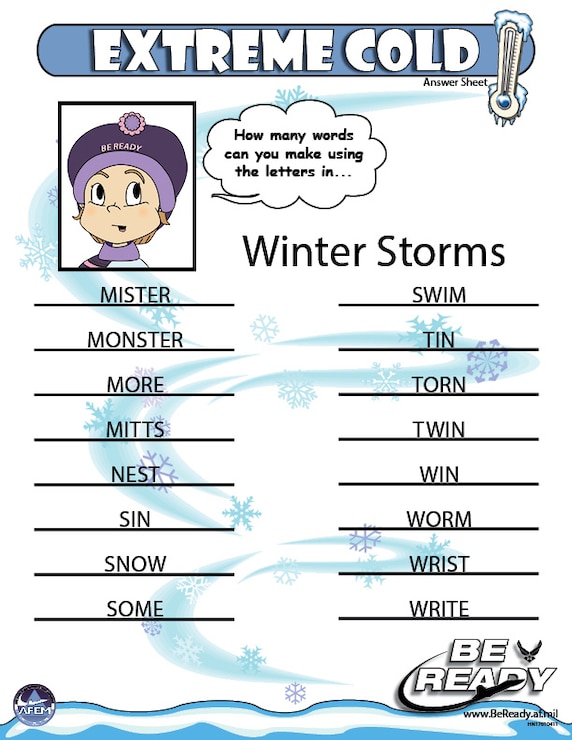 Answers Sheet to the Extreme Cold Kid Sheet ages 4-7