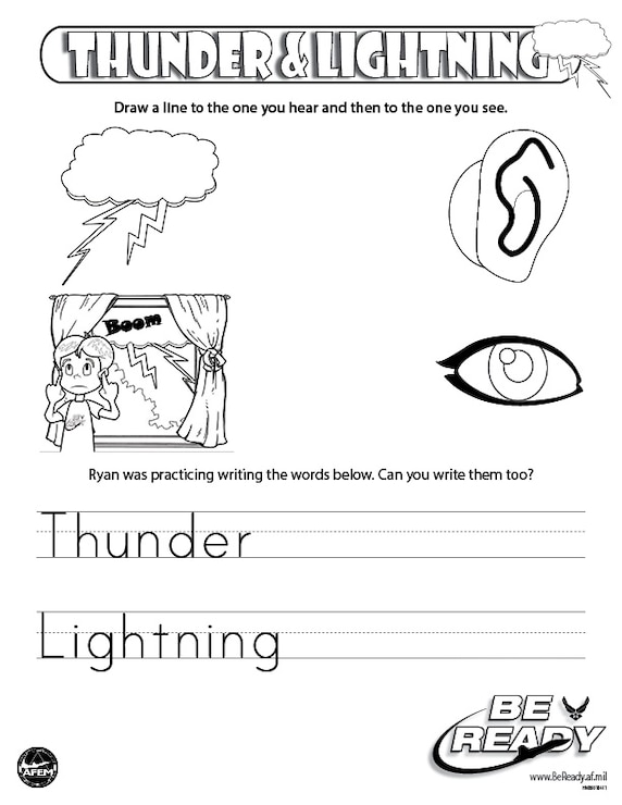 Activity Sheet Ages 4-7 on Thunder and Lightning for coloring