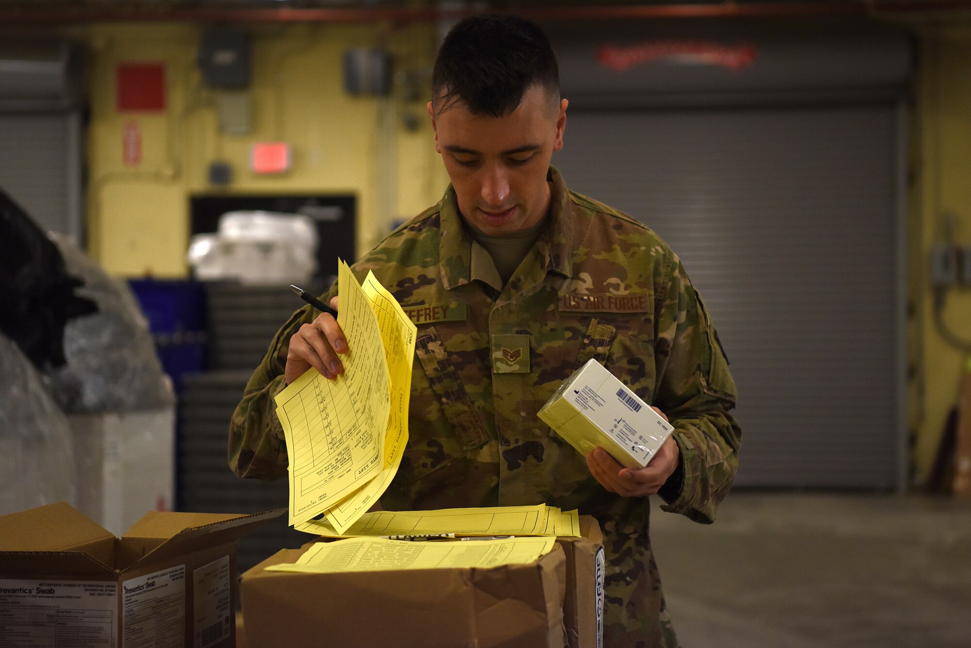 U.S. Air Force Staff Sgt. Gary Jeffrey, 81st Medical Support Squadron storage and distribution NCO in charge, inprocesses medical equipment inside Keesler Medical Center on Keesler Air Force Base, Mississippi, Sept. 11, 2019. Jeffrey was selected as one of the 12 Outstanding Airmen of the Year for 2018. (U.S. Air Force photo by Senior Airman Suzie Plotnikov)