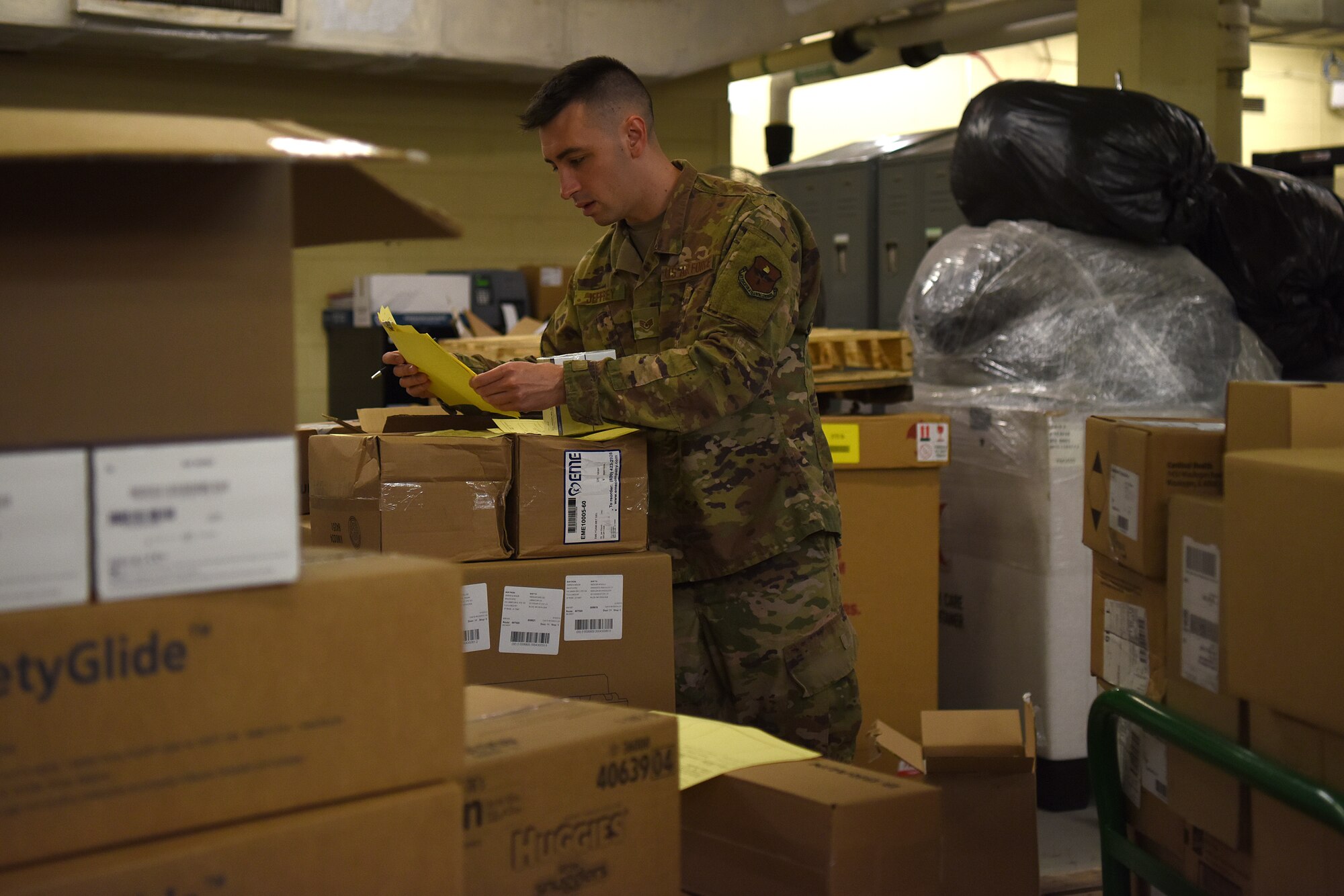 U.S. Air Force Staff Sgt. Gary Jeffrey, 81st Medical Support Squadron storage and distribution NCO in charge, inprocesses medical equipment inside Keesler Medical Center on Keesler Air Force Base, Mississippi, Sept. 11, 2019. Jeffrey was selected as one of the 12 Outstanding Airmen of the Year for 2018. (U.S. Air Force photo by Senior Airman Suzie Plotnikov)