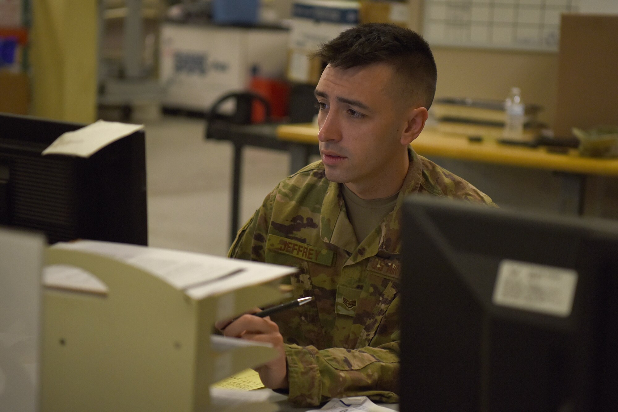 U.S. Air Force Staff Sgt. Gary Jeffrey, 81st Medical Support Squadron storage and distribution NCO in charge, inprocesses medical equipment inside Keesler Medical Center on Keesler Air Force Base, Mississippi, Sept. 11, 2019. Jeffrey was selected as one of the 12 Outstanding Airmen of the Year for 2018. (U.S. Air Force photo by Senior Airman Suzie Plotnikov)