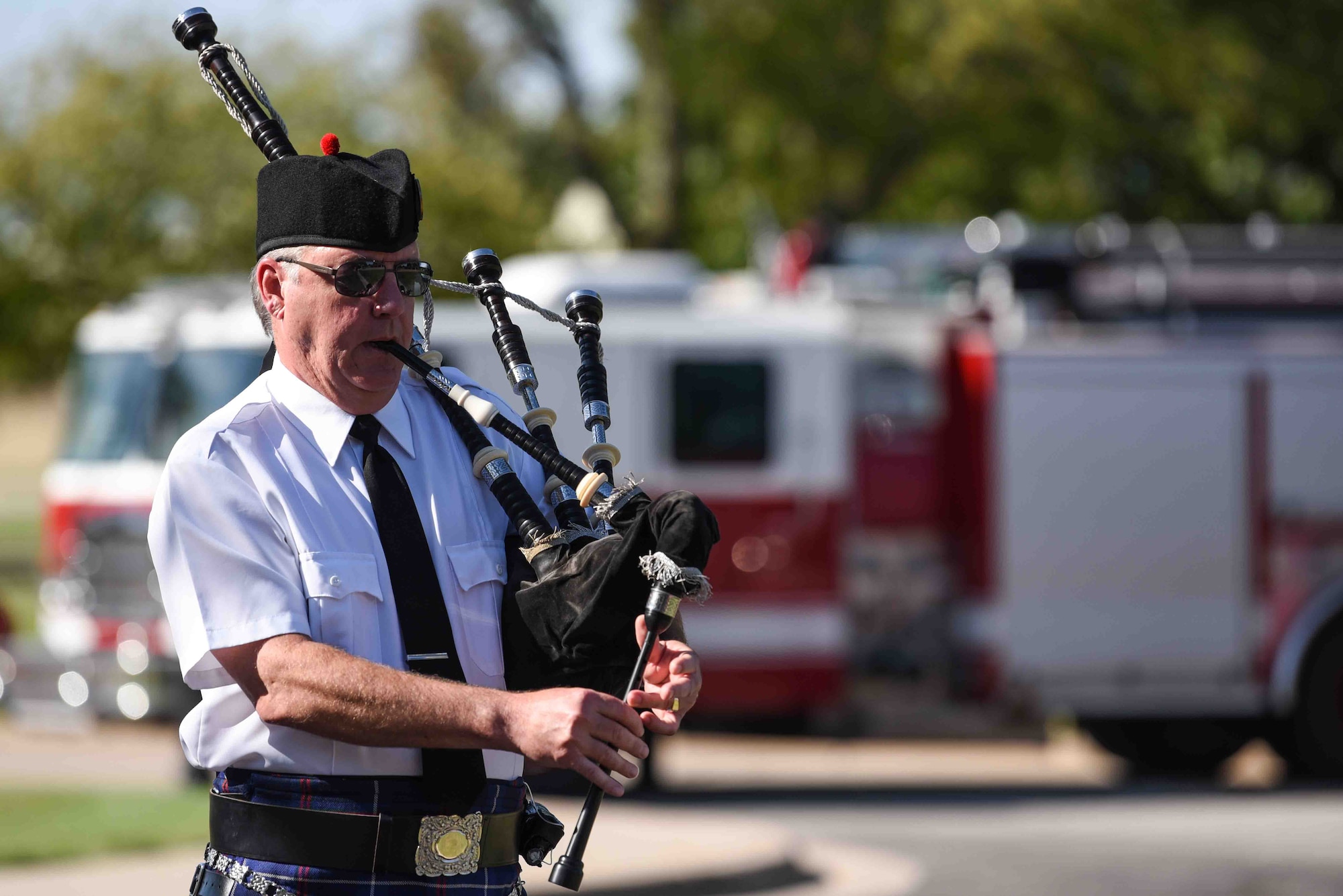 Jeff Fetter, Wichita Caledonian Pipes and Drums bagpiper, plays Amazing Grace during the Patriot Day Ceremony Sept. 11, 2019, at McConnell Air Force Base, Kan. The ceremony was held in honor of all the emergency first responders who gave their lives to save others on 9/11. (U.S. Air Force photo by Airman 1st Class Alexi Bosarge)