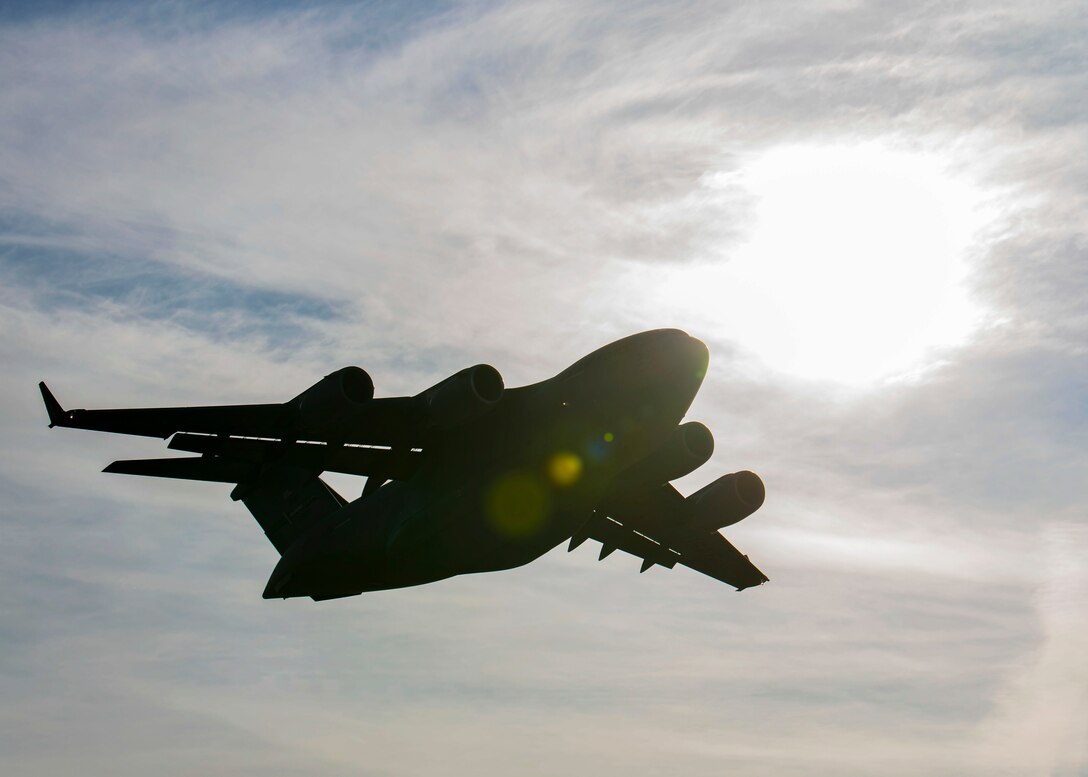 A U.S. Air Force C-17 Globemaster III from McChord Air Force Base, Washington, takes off during exercise Mobility Guardian 2019 at Fairchild Air Force, Washington, Sept. 12, 2019. Exercise Mobility Guardian is Air Mobility Command’s flagship exercise for large-scale Rapid Global Mobility operations. (U.S. Air Force photo by Airman 1st Class Lawrence Sena)