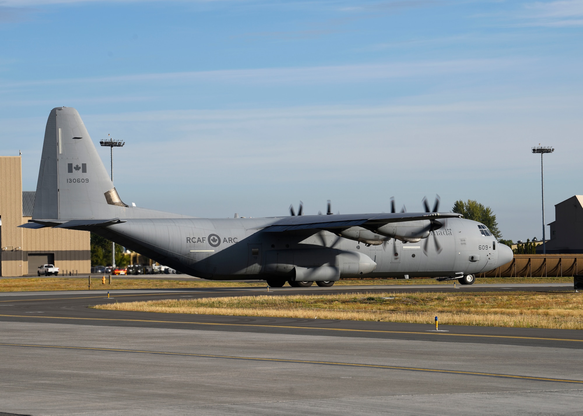 A Royal Canadian Air Force C-130J Hercules taxis down the flightline during exercise Mobility Guardian 2019 at Fairchild Air Force Base, Washington, Sept. 12, 2019. More than 4,000 personnel participated in or observed exercise Mobility Guardian, including Total Force Airmen, Joint, Combat Air Forces, and International Partners. (U.S. Air Force photo by Airman 1st Class Lawrence Sena)