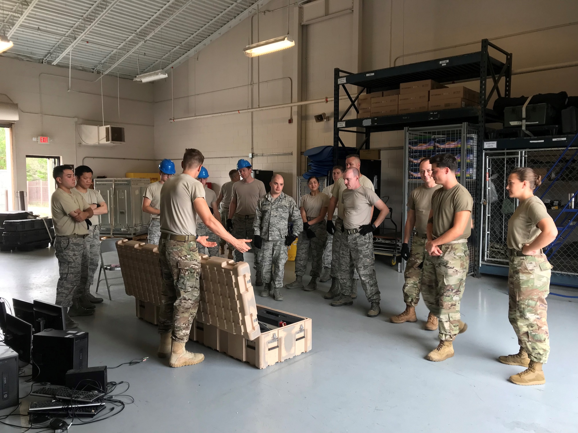 Staff Sgt. Joshua-James Patrick, 2nd Combat Weather Systems Squadron instructor, shows Airmen from the 25th Operational Weather Squadron the mast for a Portable Doppler Radar (PDR) system as part of a Deployed Weather Systems Training class Aug. 20, 2019, at Hurlburt Field, Florida. The PDR is used by the Air Force at established and austere locations worldwide to provide real time weather radar. (U.S. Air Force photo by Tech. Sgt. Andrew Meier)