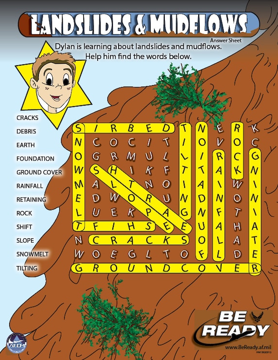 Answers Sheet to the Landslide & Mudflow Preteen Sheet for ages 8-12