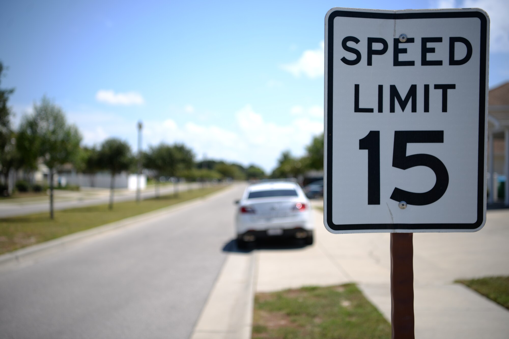 A speed limit sign is displayed in the Bayridge base housing area on Keesler Air Force Base, Mississippi, September 10, 2019. The 81st Security Forces Squadron has recently started making efforts to crackdown on base speeding amidst concerns brought up during the Keesler Housing Forum. (U.S Air Force photo by Airman 1st Class Spencer Tobler)
