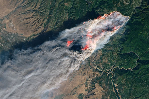 Earth observation data from Landsat 8 was used to create this NASA image of the Camp Fire as it burned near Paradise, Calif. Nov. 8, 2018. The U.S. Air Force provided data from some of its Overhead Persistent Infrared systems to assist the U.S. Forest Service fight this fire, demonstrating the dual military/civil use of OPIR, which primarily serves as the nation’s space-based missile early warning system.