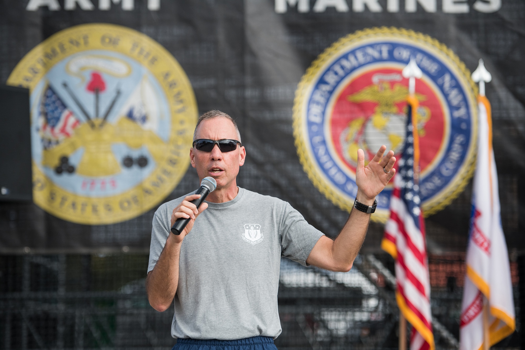 U.S. Air Force Maj. Gen. Tom Wilcox, Air Force Installation and Mission Support Center commander, gives opening remarks before the 2019 Air Force and Inter-Service Alpha Warrior Battles Sept. 12, 2019 at the Alpha Warrior Proving Grounds, Selma, Texas. The Air Force partnered with Alpha Warrior three years ago to deliver functional fitness training to Airmen and their families. (U.S. Air Force photo by Sarayuth Pinthong)