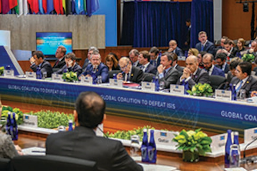 In February 2019, foreign ministers listen to U.S. Secretary of State Michael R. Pompeo deliver opening remarks at the Meeting of the Ministers of the Global Coalition to Defeat ISIS. (U.S. State Department/ Ron Pryzyucha)