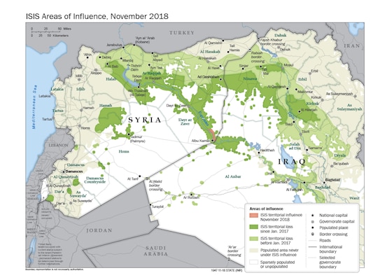 FIGURE 1. Islamic State of Iraq and Syria (ISIS) Areas of Influence as of August 2018. (U.S. Department of State)