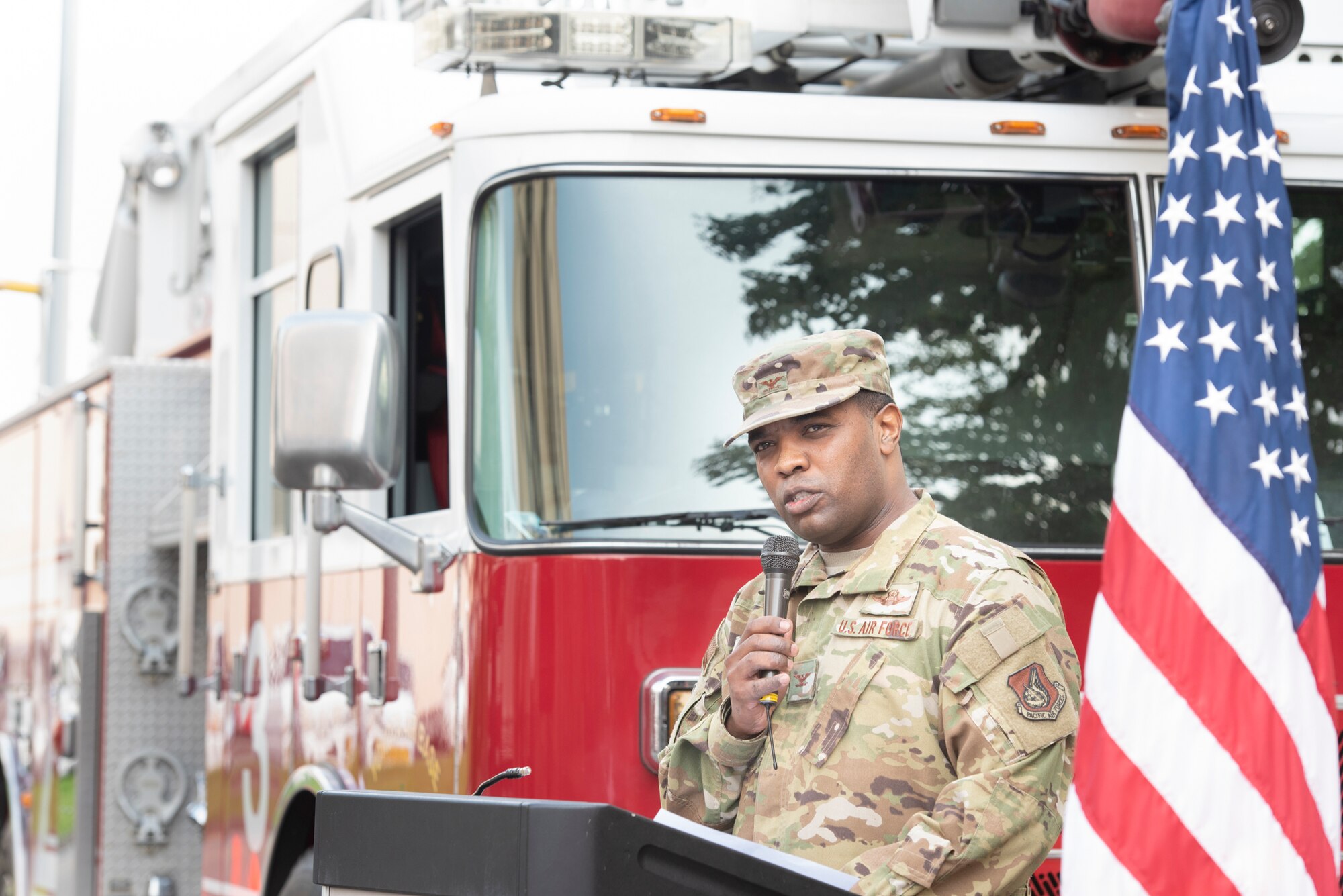 Col. Otis Jones, 374th Airlift Wing commander, speaks at the opening ceremony of the 9/11 Tower Run, Sept. 11, 2019 at Yokota Air Base, Japan.