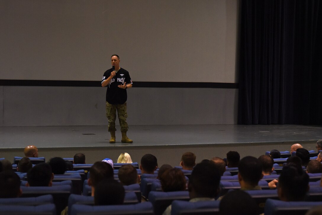 U.S. Air Force Col. Tad Clark, 8th Fighter Wing Commander, speaks at a forum during the Resilience Tactical Pause capstone event at Kunsan Air Base, Republic of Korea, Sept. 13, 2019. During the event, Clark talked about some of the hardships he has had to face in both his personal life and military career. (U.S. Air Force photo by Staff Sgt. Joshua Edwards)