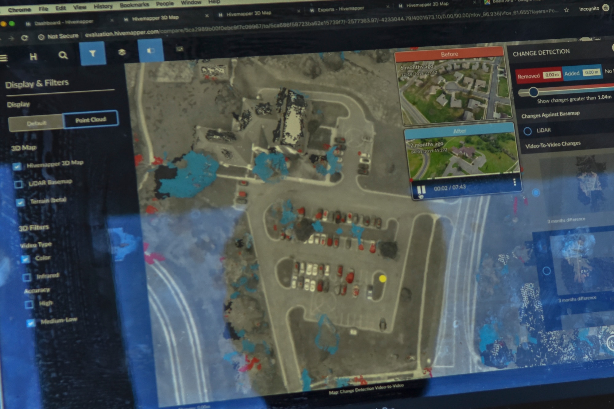 A map is shown depicting drone imagery capabilities at the Hivemapper software company in San Francisco, California, June 4, 2019. Beale is currently the first base to beta-test the Hivemapper program, a drone capability that records and senses change detection. (U.S. Air Force photo by Tech. Sgt. Veronica Montes)
