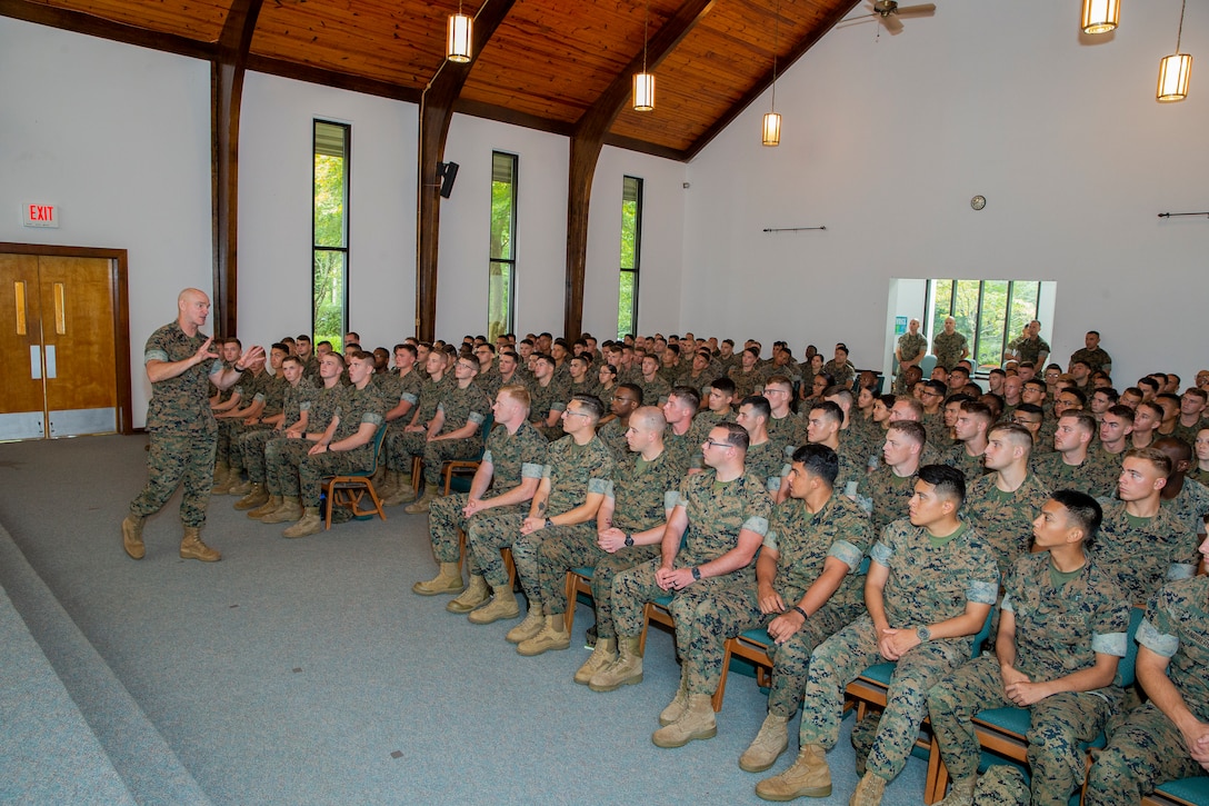 U.S. Marine Corps Sgt. Maj. Troy E. Black, the 19th Sergeant Major of the Marine Corps, addresses Marines with Fleet Anti-terrorism Security Team (FAST) Companies aboard Naval Weapons Station Yorktown, Virginia, Sept. 9, 2019. Black talked with Marines and Sailors at various all hands professional military education briefs in the local area. (U.S. Marine Corps photo by Sgt. Kelly L. Timney)